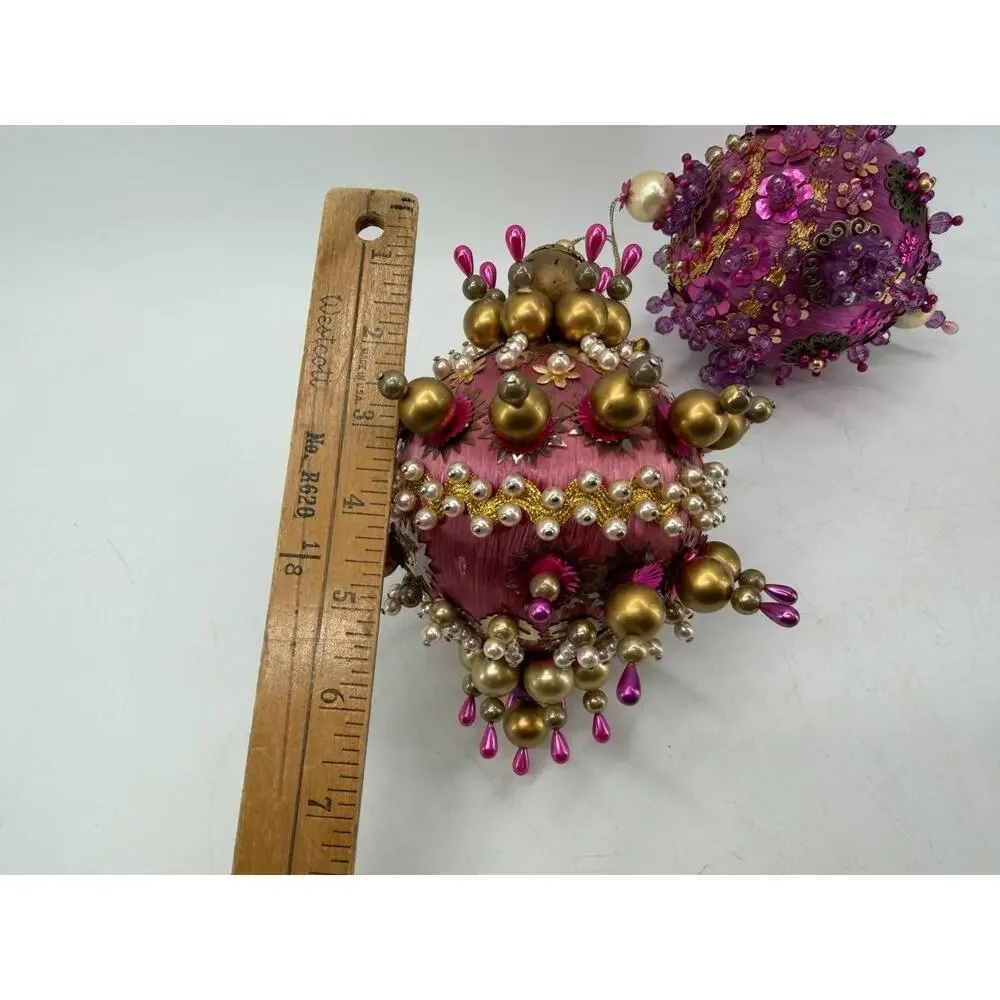Vintage Handmade Beaded Christmas Ornament Pink Gold Sequin Ball OOAK Decor